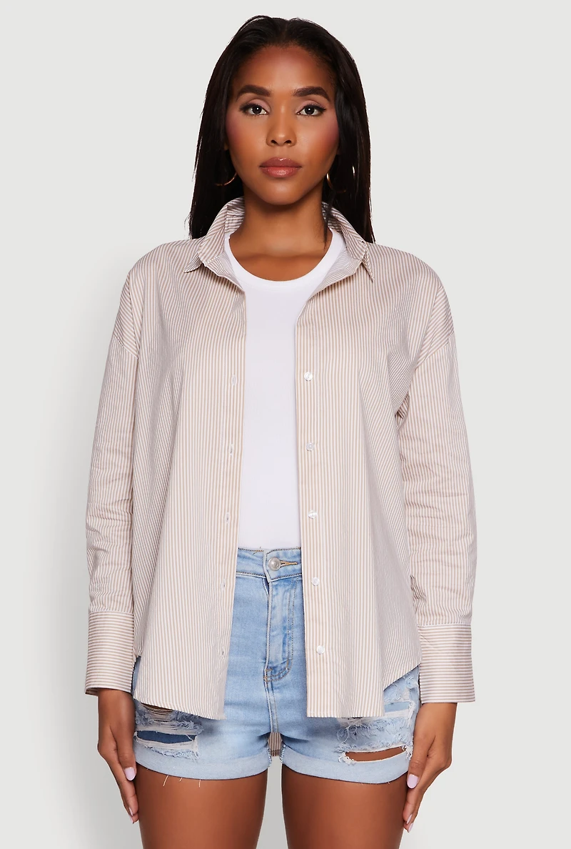 Womens Pinstripe Button Front Long Sleeve Shirt, Beige, Size L