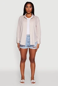 Womens Pinstripe Button Front Long Sleeve Shirt, Beige, Size L