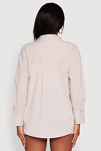 Womens Pinstripe Button Front Long Sleeve Shirt, Beige, Size L