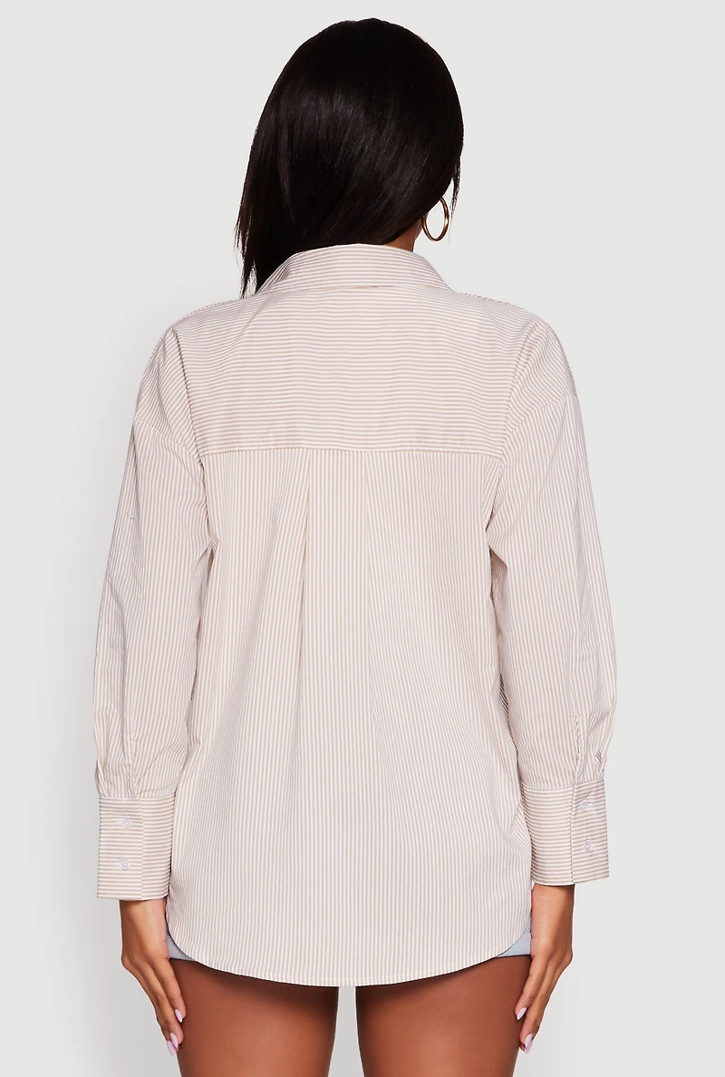 Womens Pinstripe Button Front Long Sleeve Shirt, Beige, Size L