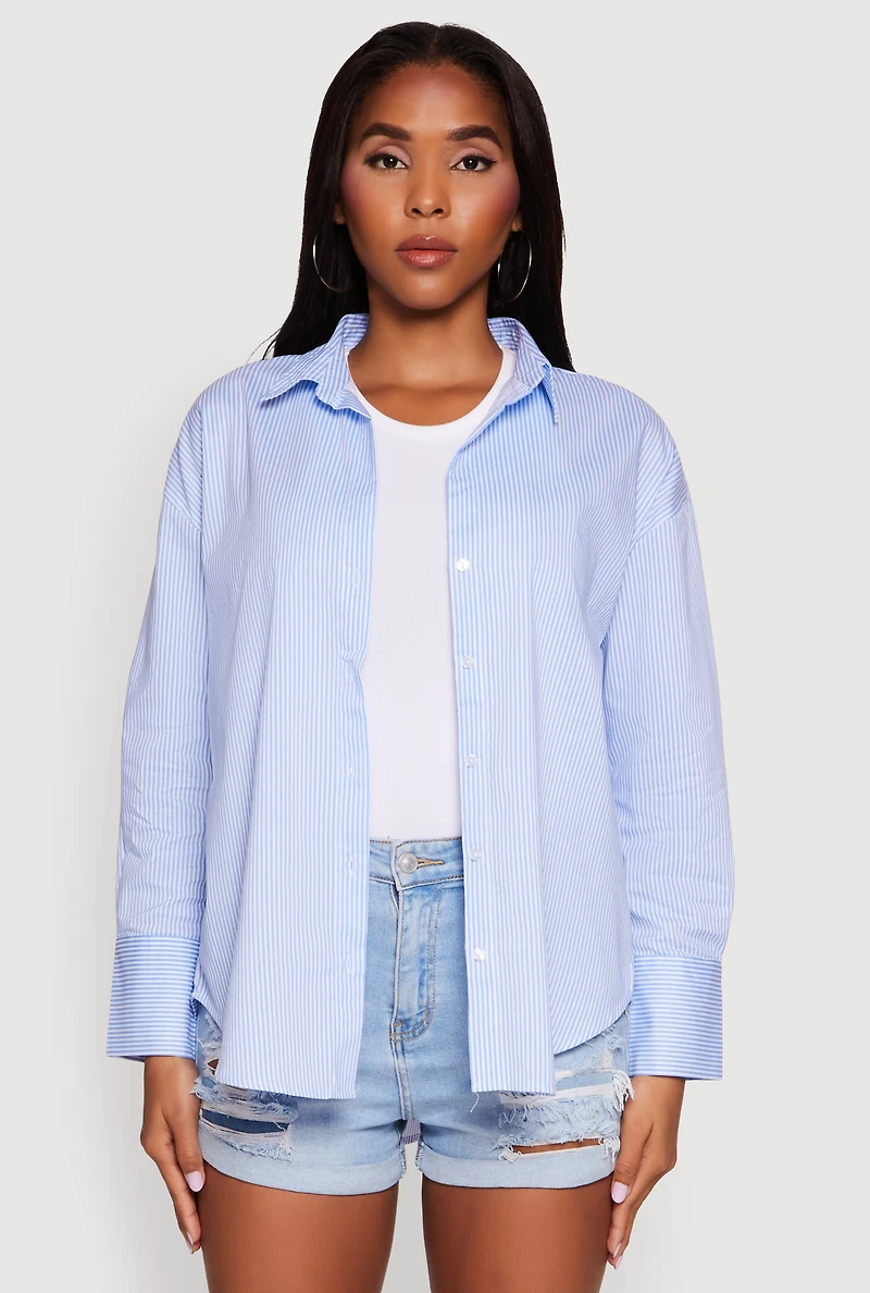 Womens Pinstripe Button Front Long Sleeve Shirt, Blue, Size L