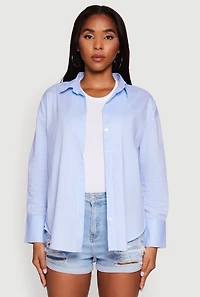 Womens Pinstripe Button Front Long Sleeve Shirt, Blue, Size L