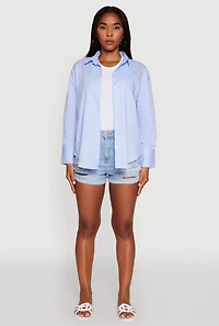Womens Pinstripe Button Front Long Sleeve Shirt, Blue, Size L