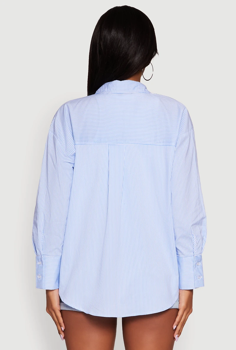 Womens Pinstripe Button Front Long Sleeve Shirt, Blue, Size M