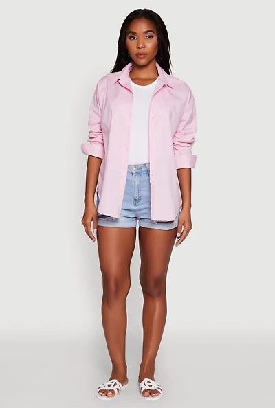 Womens Pinstripe Button Front Long Sleeve Shirt, Pink, Size M