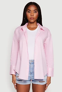 Womens Pinstripe Button Front Long Sleeve Shirt, Pink, Size L