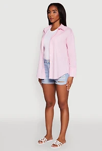 Womens Pinstripe Button Front Long Sleeve Shirt, Pink,