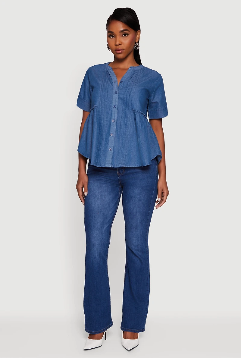 Womens Chambray Notch Neck Button Front Shirt, Blue, Size M