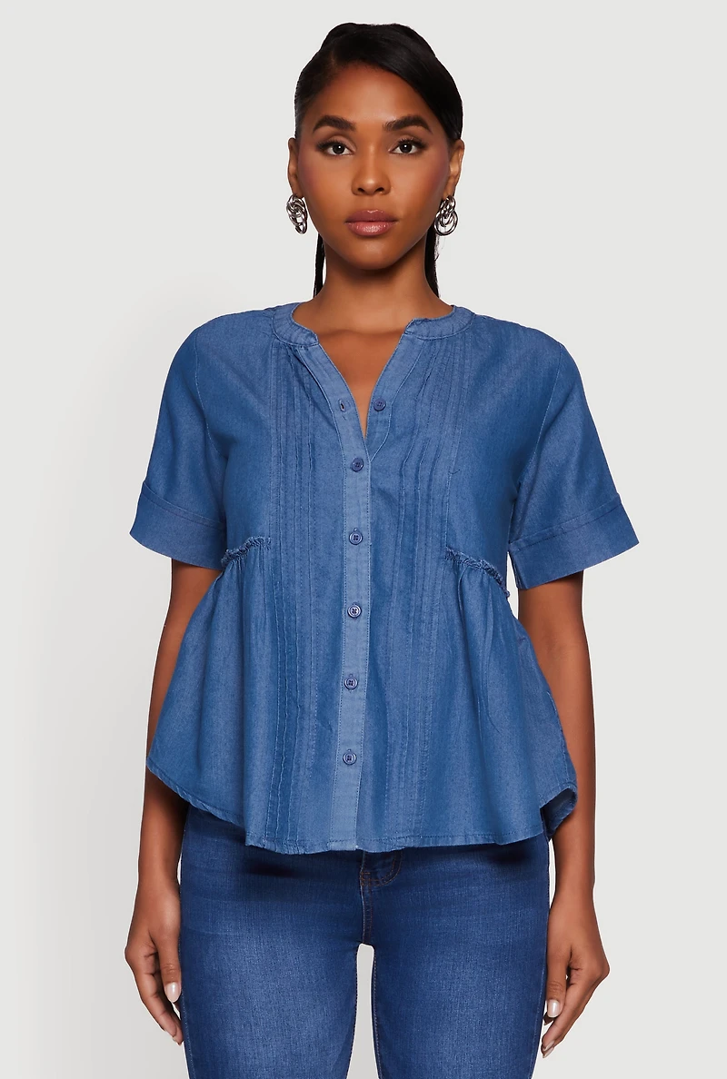 Chambray Notch Neck Button Front Shirt