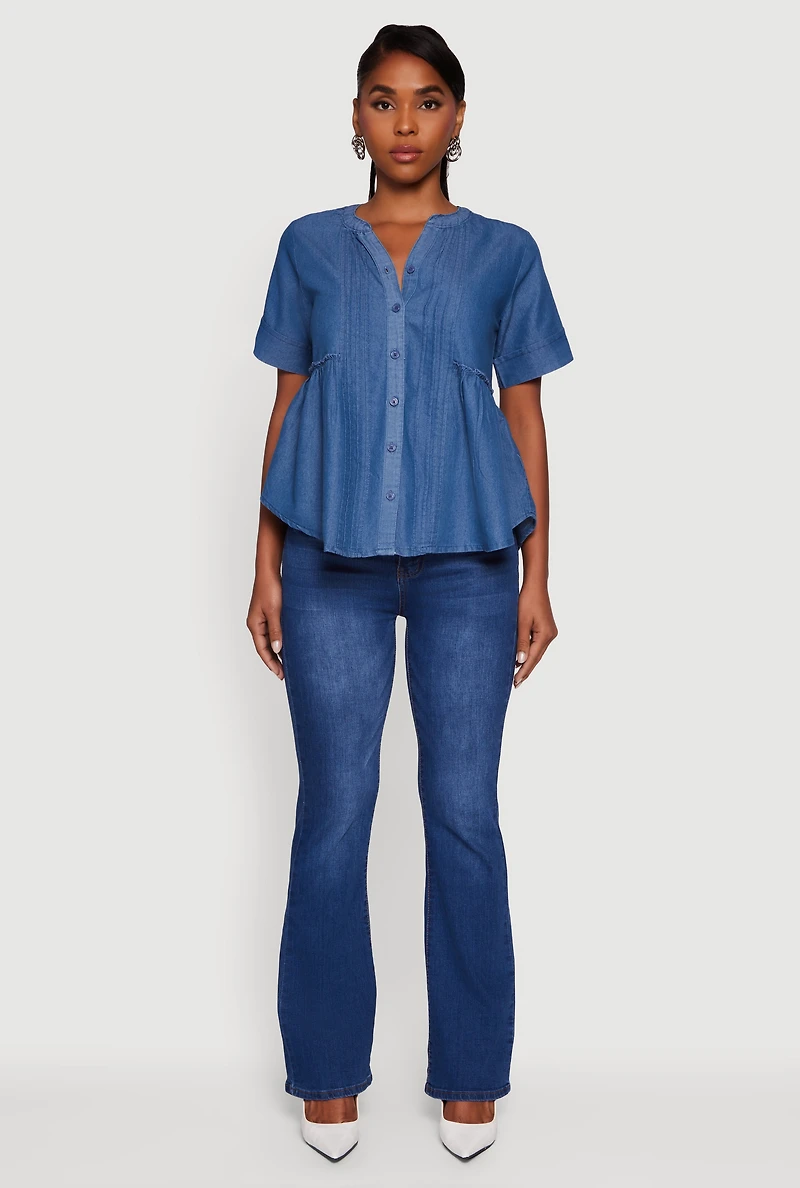 Womens Chambray Notch Neck Button Front Shirt, Blue, Size M
