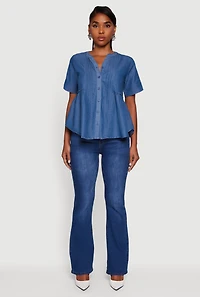 Womens Chambray Notch Neck Button Front Shirt, Blue, Size M