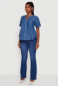 Womens Chambray Notch Neck Button Front Shirt, Blue, Size M