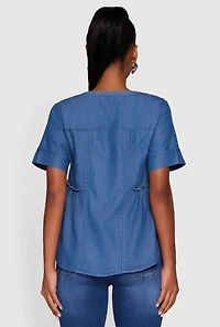 Womens Chambray Notch Neck Button Front Shirt, Blue, Size M