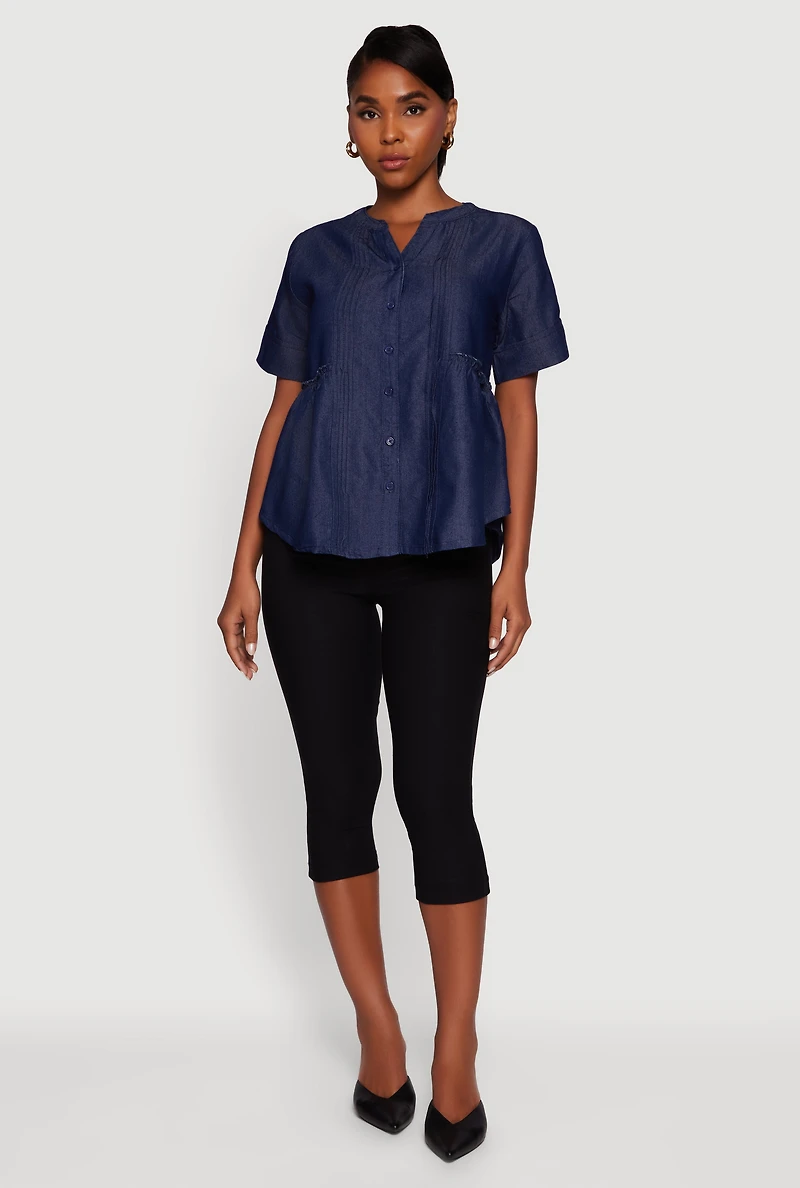 Womens Chambray Notch Neck Button Front Shirt, Blue, Size L