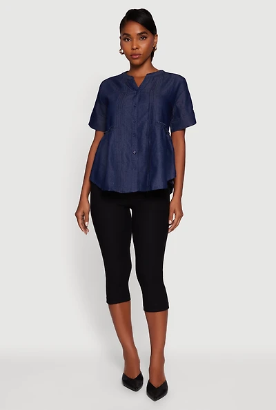 Womens Chambray Notch Neck Button Front Shirt, Blue, Size L