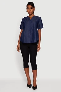 Womens Chambray Notch Neck Button Front Shirt, Blue, Size L