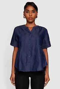 Womens Chambray Notch Neck Button Front Shirt, Blue, Size L
