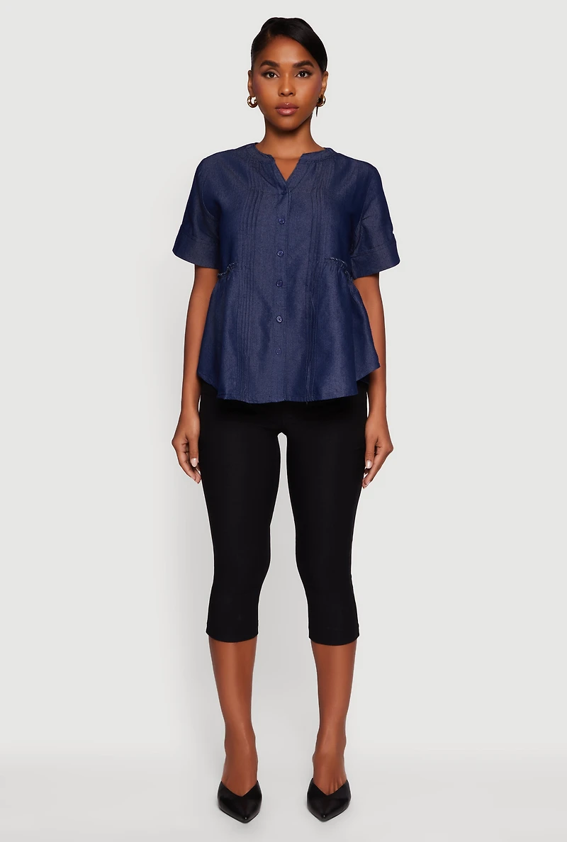 Womens Chambray Notch Neck Button Front Shirt, Blue, Size S