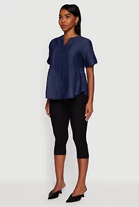 Womens Chambray Notch Neck Button Front Shirt, Blue, Size S