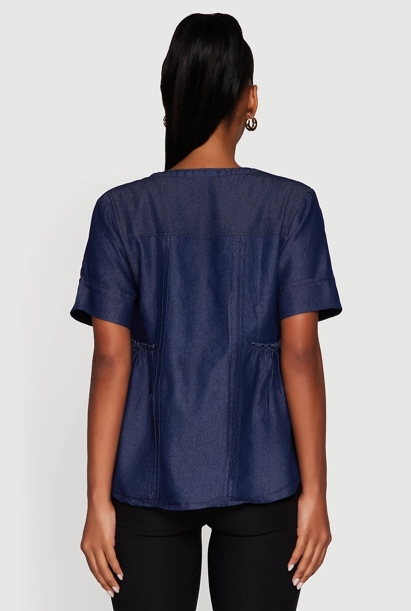 Womens Chambray Notch Neck Button Front Shirt, Blue, Size L