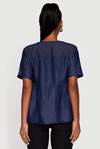 Womens Chambray Notch Neck Button Front Shirt, Blue, Size L