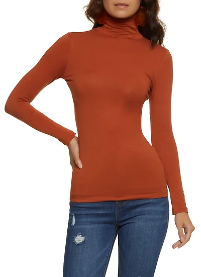 Womens Solid Long Sleeve Turtleneck Top, Brown, Size M