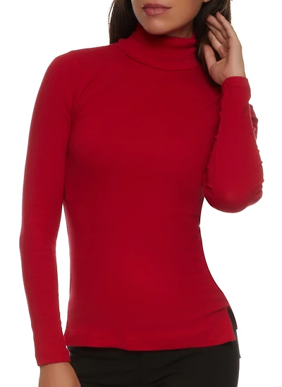 Womens Basic Turtleneck Long Sleeve Top, Red, Size L