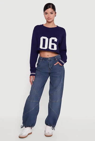 Womens 06 Graphic Varsity Stripe Detail Cropped Sweater,