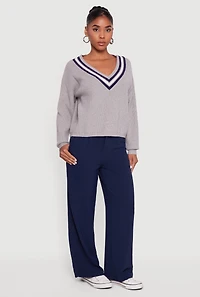 Womens Varsity Stripe V Neck Drop Shoulder Sweater, Grey, Size M