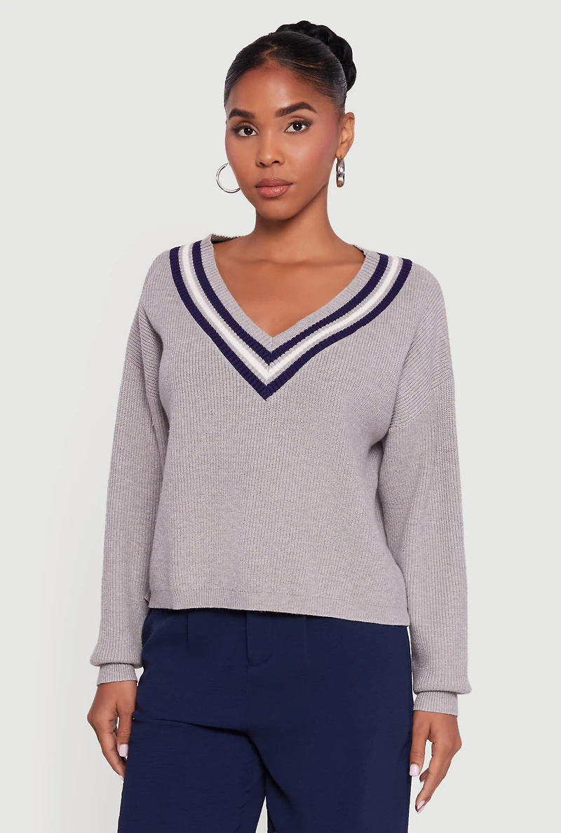 Varsity Stripe V Neck Drop Shoulder Sweater