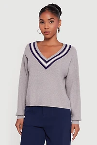 Varsity Stripe V Neck Drop Shoulder Sweater