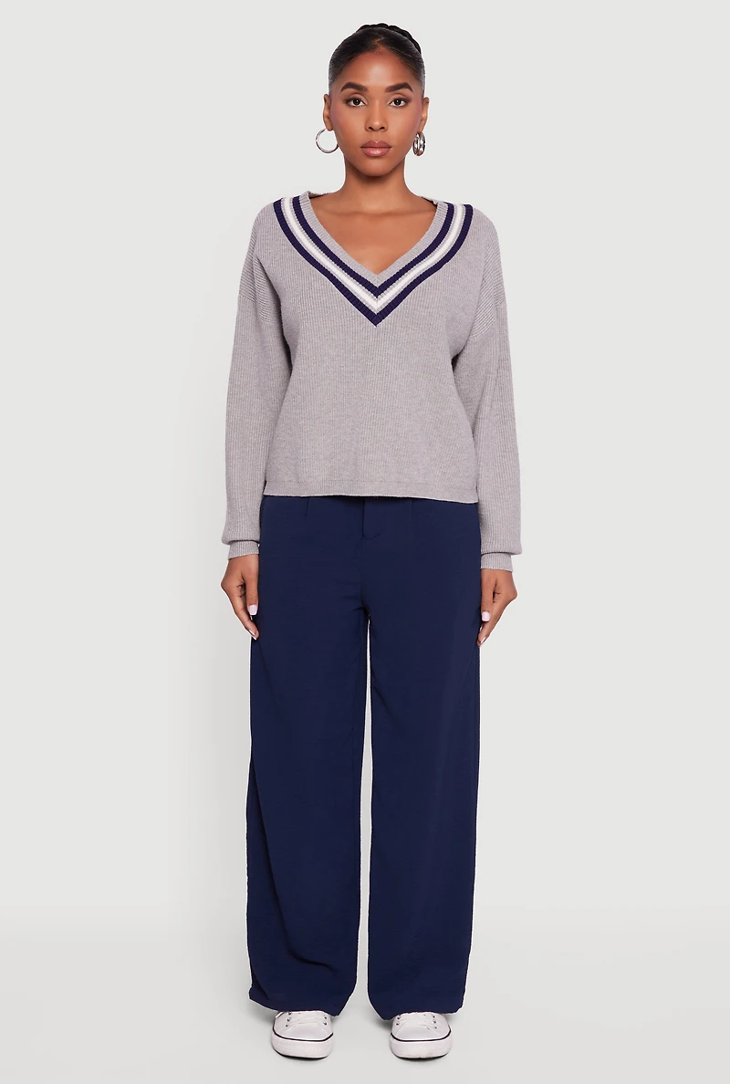 Varsity Stripe V Neck Drop Shoulder Sweater