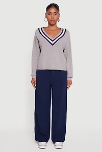Varsity Stripe V Neck Drop Shoulder Sweater