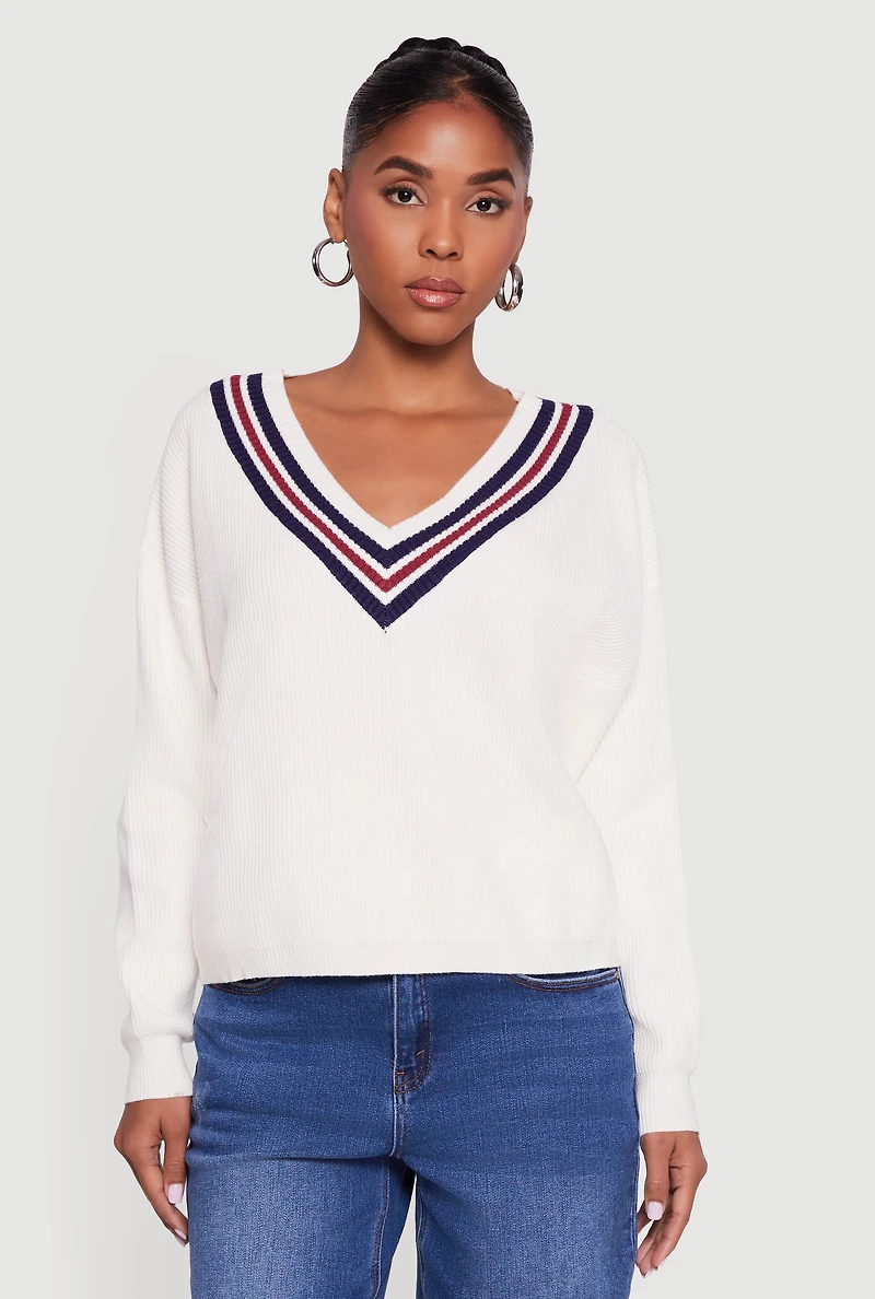 Womens Varsity Stripe V Neck Drop Shoulder Sweater, White,