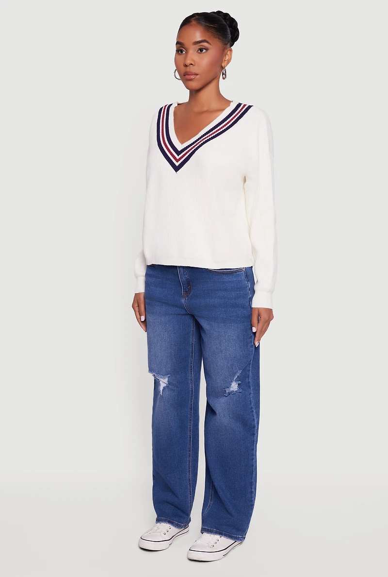 Womens Varsity Stripe V Neck Drop Shoulder Sweater, White,