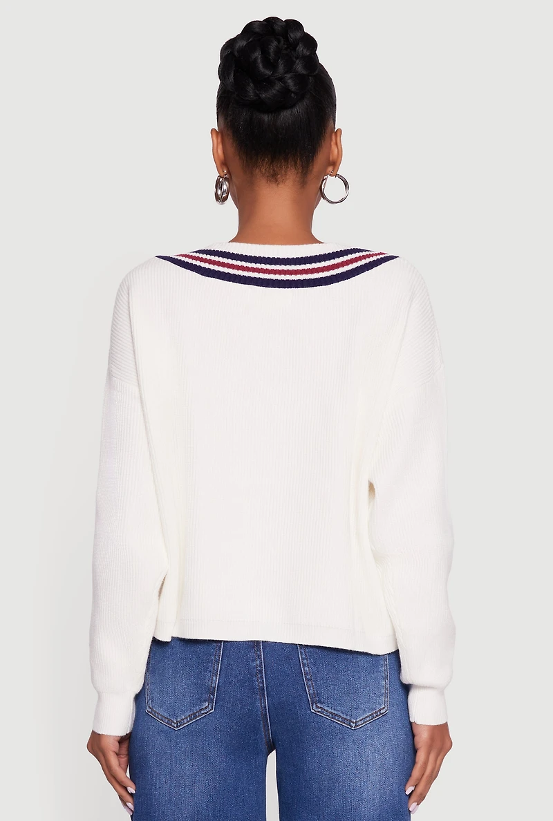 Womens Varsity Stripe V Neck Drop Shoulder Sweater, White,