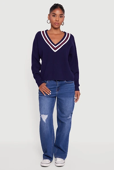 Womens Varsity Stripe V Neck Drop Shoulder Sweater,