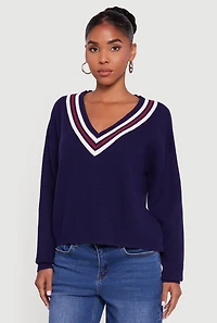 Womens Varsity Stripe V Neck Drop Shoulder Sweater,