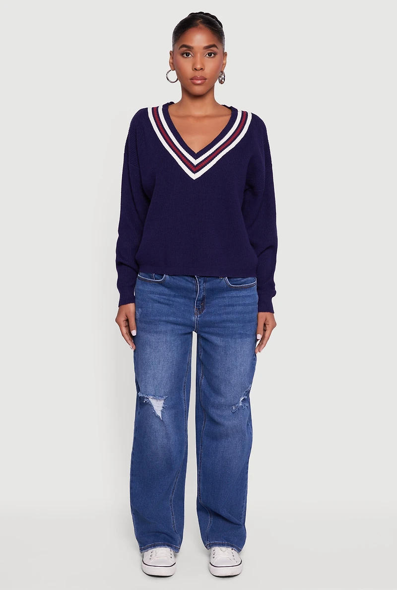 Womens Varsity Stripe V Neck Drop Shoulder Sweater,