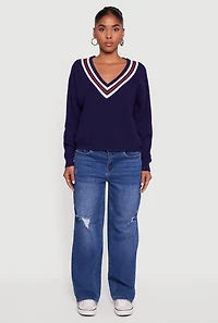 Womens Varsity Stripe V Neck Drop Shoulder Sweater,