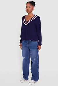 Womens Varsity Stripe V Neck Drop Shoulder Sweater,