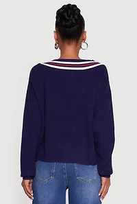 Womens Varsity Stripe V Neck Drop Shoulder Sweater,