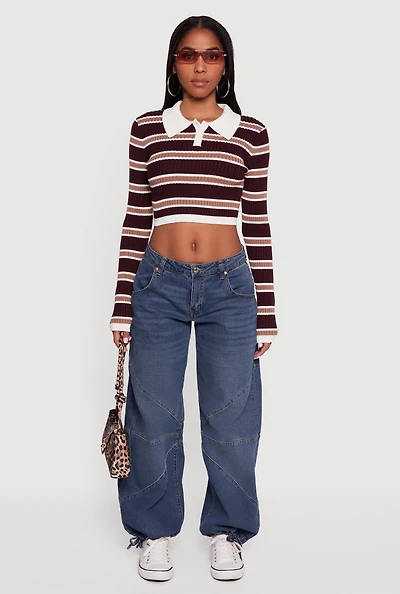 Womens Striped Ribbed Knit Cropped Polo Sweater,