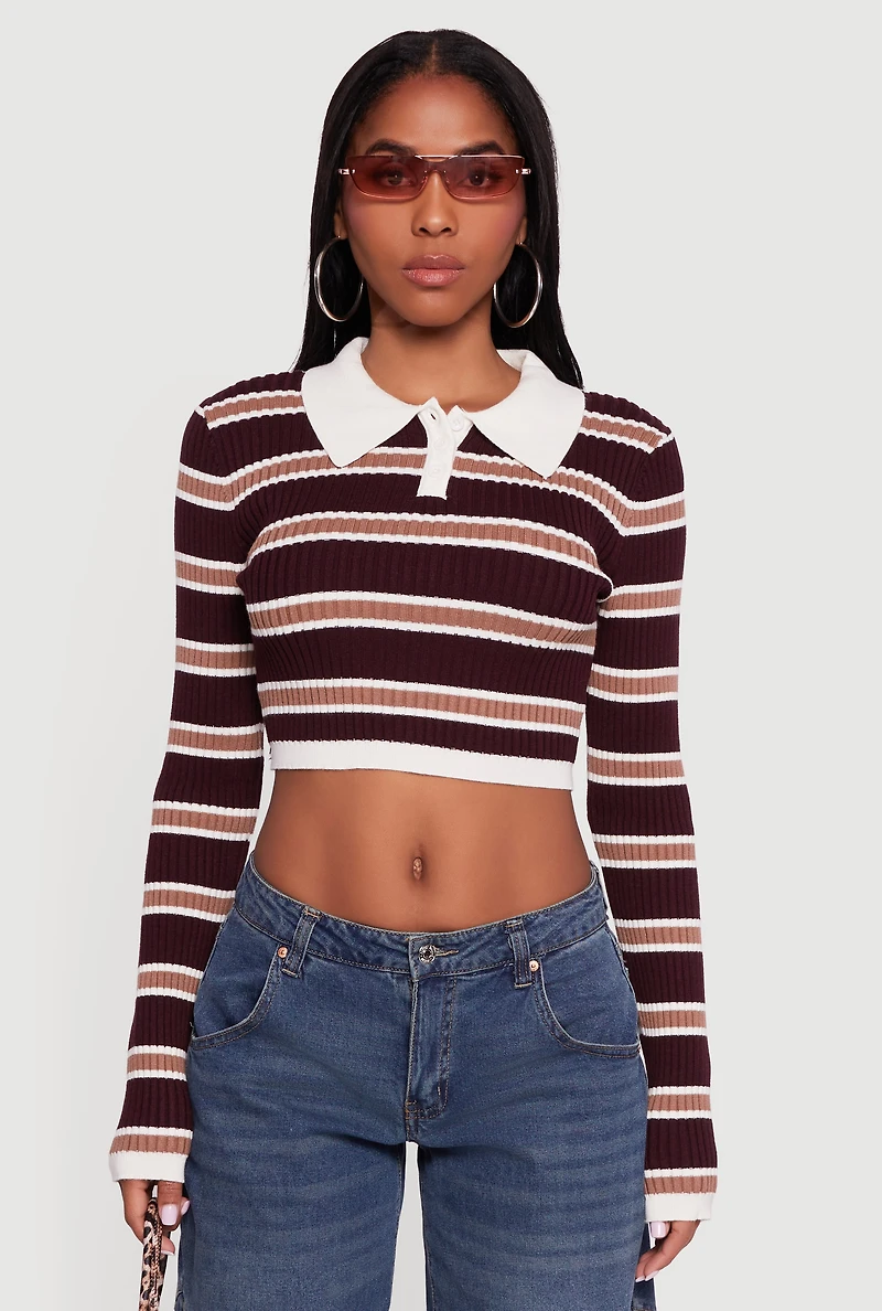 Striped Ribbed Knit Cropped Polo Sweater