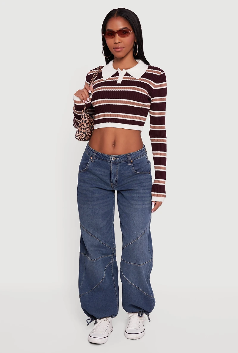 Striped Ribbed Knit Cropped Polo Sweater