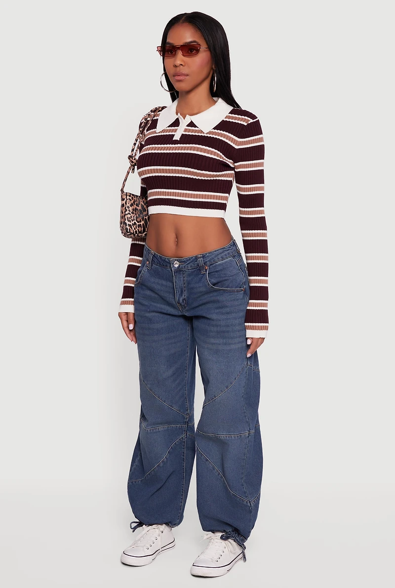 Striped Ribbed Knit Cropped Polo Sweater