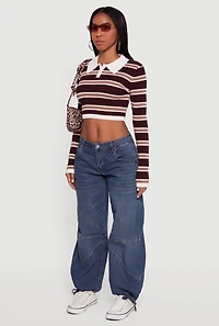 Striped Ribbed Knit Cropped Polo Sweater