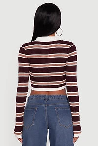 Striped Ribbed Knit Cropped Polo Sweater