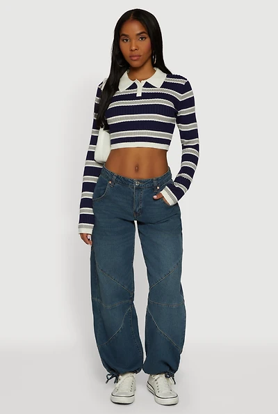 Womens Striped Ribbed Knit Cropped Polo Sweater,