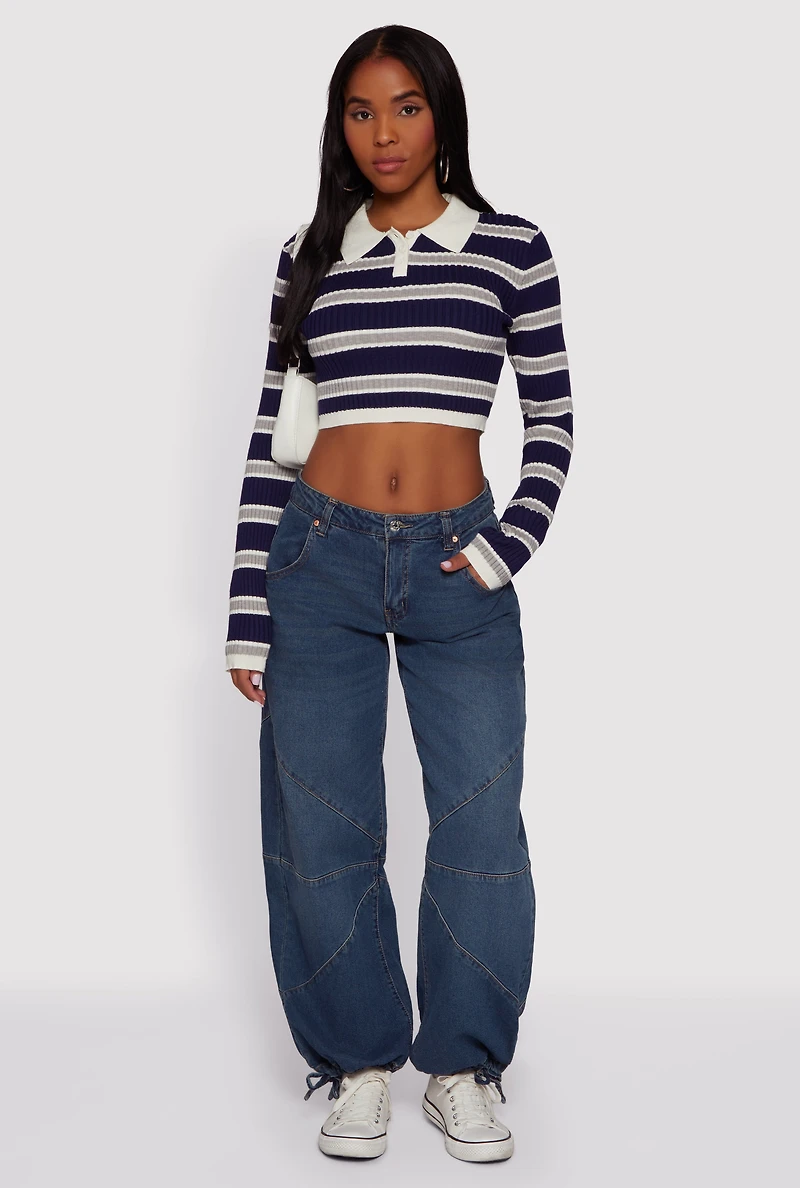 Striped Ribbed Knit Cropped Polo Sweater